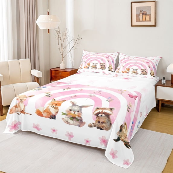 Homewish Kawaii Rabbit Deer Queen Sheet Sets,Wild Animal Flat Sheet,Pink Cherry Blossom Queen Fitted Sheet For Girls Kids,Super Cozy Room Decor,4pcs