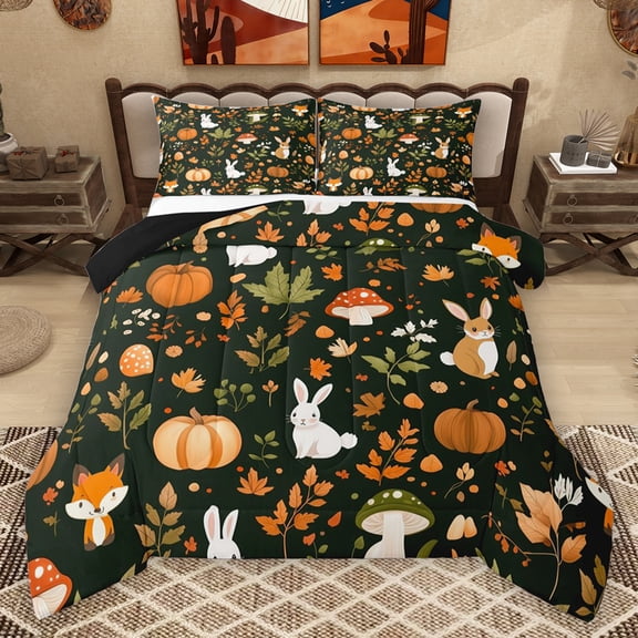 Homewish Kawaii Rabbit Fox Queen Comforter Set,Wild Animal Bedding Sets,Rustic Farmhouse Cabin Bedding Comforter Set For Girls Kids,Microfiber Bedroom Decor Reversible,3-Piece