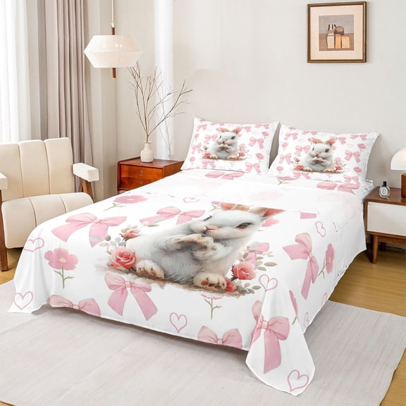 Homewish Kawaii Rabbit Kids Full Size Sheets, Pink Princess Bow-tie Bed Sheets, Cartoon Bunnies Animal Sheet Sets, Lightweight Room Decor, 4pcs