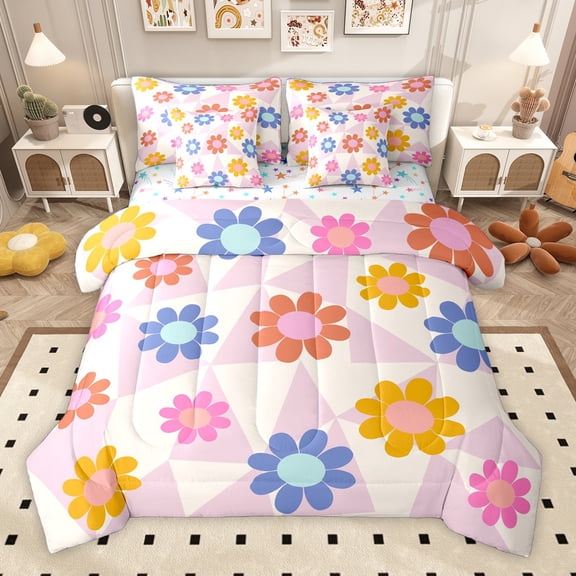 Homewish Kawaii Rainbow Daisy 7 Pieces Bedding Comforter Set,Multicolor Geometric Triangle Full Bedding Set,Cartoon Flower Floral Fitted Sheet Flat Sheet,Ultra Soft Home Decor Reversible