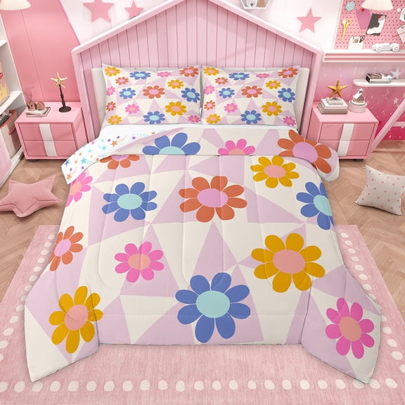 Homewish Kawaii Rainbow Daisy Bedding Comforter Set,Multicolor Geometric Triangle Twin Comforter Sets,Cartoon Flower Floral Bedding Set For Girl Teens,Ultra Soft Home Decor Reversible,2-Piece