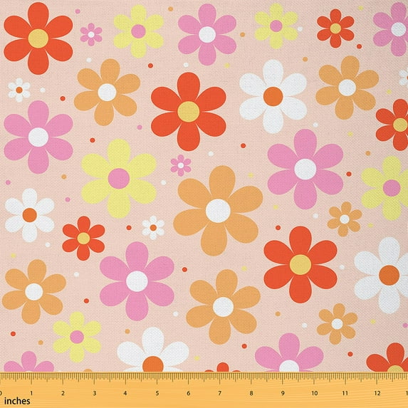 Homewish Kawaii Rainbow Daisy Fabric by the Yard 1 Yard,Cartoon Flower Floral Home Decor Fabric by the Yard,Yellow Orange Red Sewing Fabric For Girl Teens,Ultra Soft Home Decor