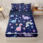 Homewish Kawaii Rainbow Dinosaur Zipper Twin Comforter Sets with Fitted Sheet and 2 Pillowcases,Cartoon Dino Cute Flowers Blossom Zipper Bedding Set For Girls,Reversible,4-Piece
