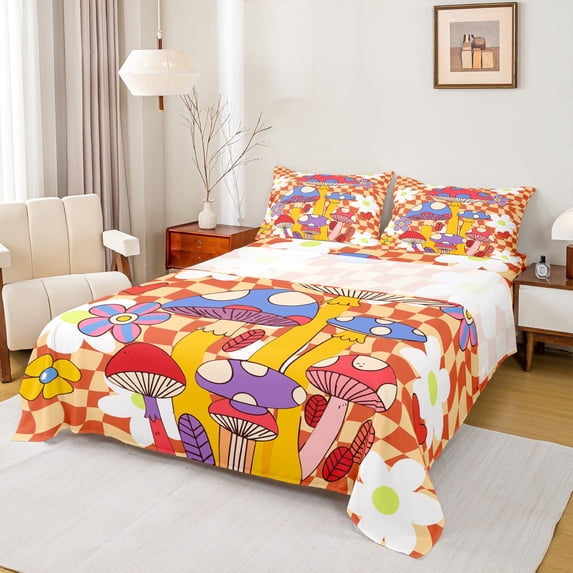 Homewish Kawaii Rainbow Mushroom Twin Sheet Sets,Cartoon Floral Daisy Twin Fitted Sheet,Orange Plaid Flat Sheet For Girl Teens,Luxury Bedroom Decor,3 Pieces