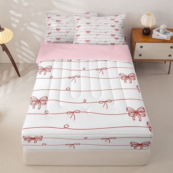 Homewish Kawaii Red Bowknot Zipper Full Size Comforter Sets with Fitted Sheet and 2 Pillowcases For Girls,Cute Bows Kawaii Stars Zipper Bedding Set,Reversible,4 Pieces