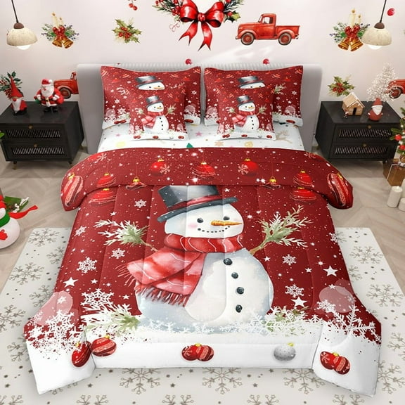 Homewish Kawaii Red Snowman 7-Piece Twin Bedding Sets for Teens Boys Girls,Merry Christmas Bedding Comforter Set,Xmas Snowflake Breathable Sheet Sets,Super Cozy Room Decor,Reversible