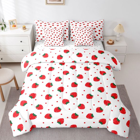 Homewish Kawaii Red Strawberry 7-Piece Twin Bedding Sets For Preppy Children Kids,Polka Dots Bedding Comforter Set,Dreamy Princess Breathable Sheet Sets,Lightweight Room Decor,Reversible