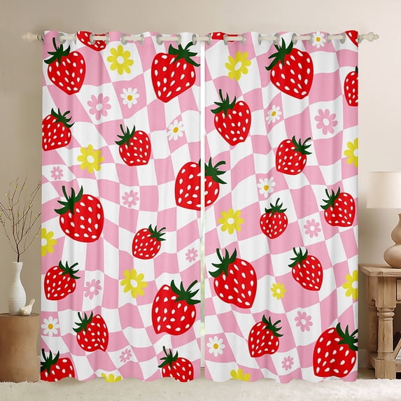 Homewish Kawaii Red Strawberry Black Out Curtains for Girls,Groovy Floral Flowers Curtains Pack of 2 (42x63 Each),Geometric Plaid Grid Bedroom Curtains,Luxury Bedroom Decor