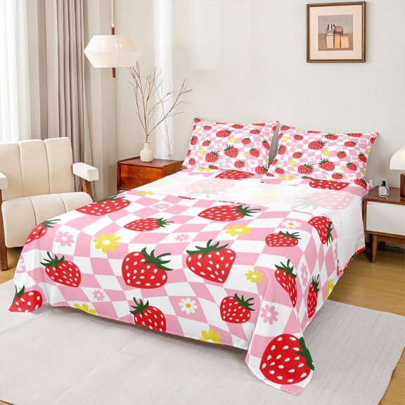 Homewish Kawaii Red Strawberry Full Size Sheets 4-Piece for Girls,Groovy Floral Flowers Breathable Bed Sheets,Geometric Plaid Grid Lightweight Sheet Sets,Luxury Bedroom Decor