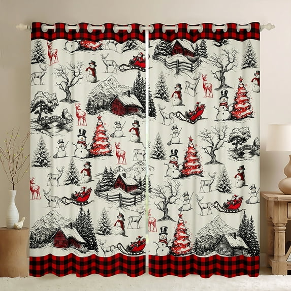 Homewish Kawaii Reindeer Snowman Black Out Curtains,Rustic Western Cabin Curtains Pack of 2 (42x63 Each),Red Chic Christmas Tree Bedroom Curtains For Girl Boy,Luxury Bedroom Decor