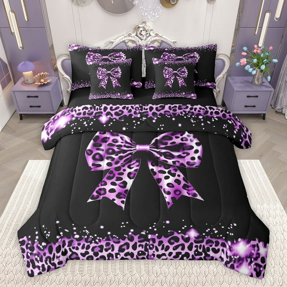 Homewish Kawaii Ribbon Bow Bedding Comforter Set 7 Pieces for Boys Girls,Leopard Print Full Bedding Set Lightweight,Black Purple Fitted Sheet Flat Sheet,Super Cozy Room Decor,Reversible