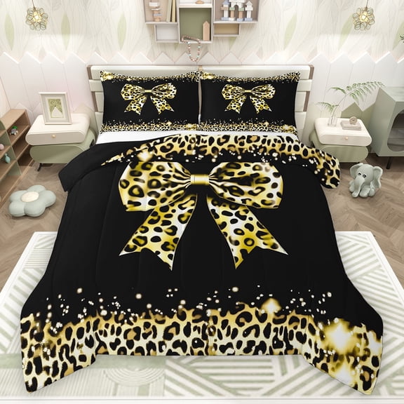 Homewish Kawaii Ribbon Bow Full Size Comforter Sets 3-Piece for Boys Girls,Leopard Print Bedding Comforter Set,Black Yellow Lightweight Bedding Sets,Super Cozy Room Decor,Reversible