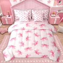 Homewish Kawaii Ribbon Bowknot Twin Bedding Sets 7-Piece for Teens Boys Girls,Dreamy Princess Bedding Comforter Set Microfiber,Cute Bow Breathable Sheet Sets,Lightweight Room Decor,Reversible