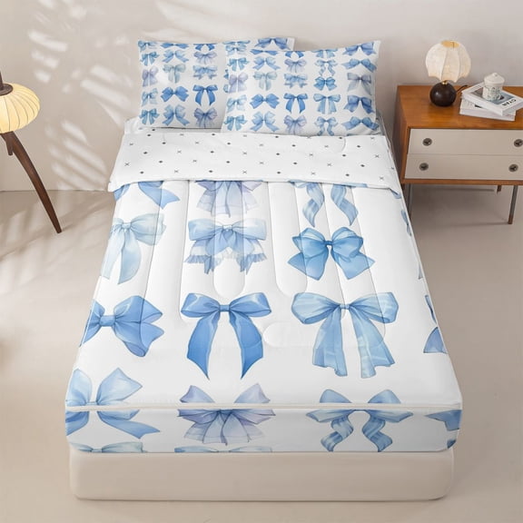 Homewish Kawaii Ribbon Bowknot Zipper Twin Comforter Sets with Fitted Sheet and 2 Pillowcases,Girly Bowtie Ribbon Kids Zipper Bedding Set,Reversible,4-Piece