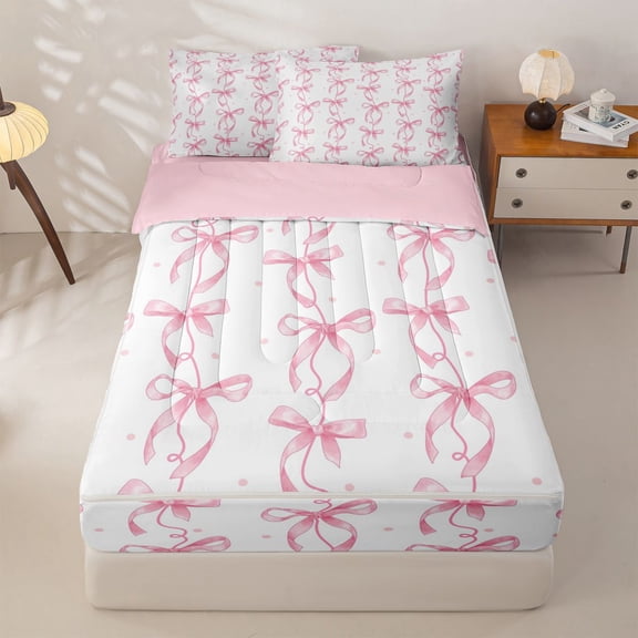 Homewish Kawaii Ribbon Zipper Twin Comforter Sets with Fitted Sheet and 2 Pillowcases for Kid, Butterfly Knot Zipper Bedding Set, White Pink, Pink Reversible, 4-Piece