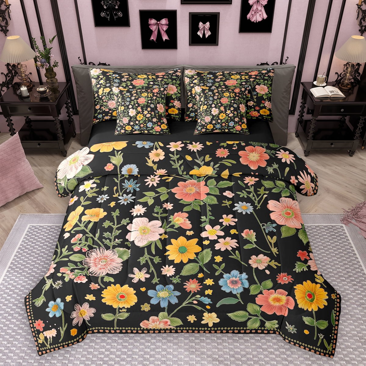 Homewish Kawaii Rustic Flower 7-Piece Bedding Comforter Set,Country Farmhouse Lodge King Bedding Sets,Black Orange Pink Bed Sheets For Girl,Microfiber Bedroom Decor Reversible