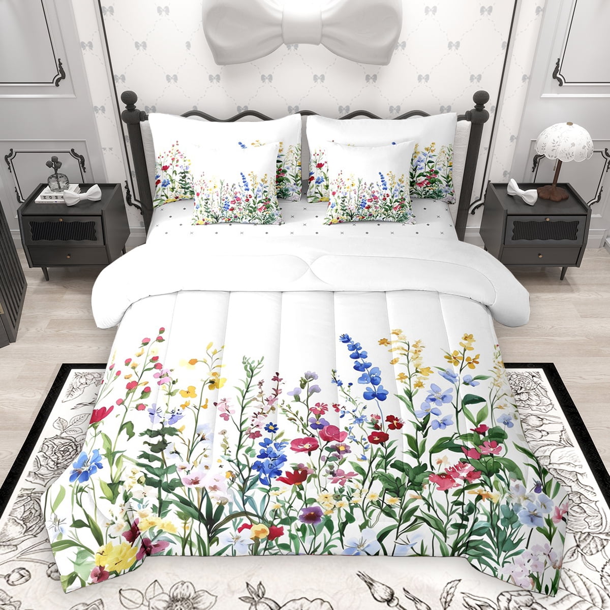Homewish Kawaii Rustic Flower 7-Piece Twin Bedding Sets,Country Farmhouse Lodge Bedding Comforter Set,Blue Green White Sheet Sets For Girl,Microfiber Bedroom Decor Reversible