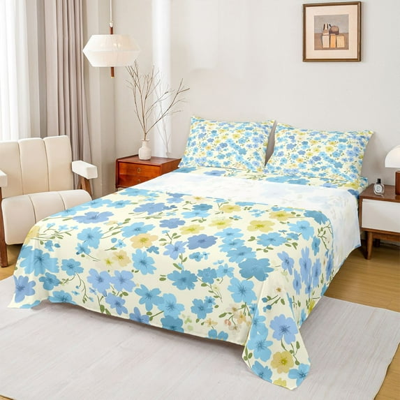 Homewish Kawaii Rustic Flower Full Size Sheets,Rustic Farmhouse Cabin Bed Sheets,Yellow Blue Sheet Sets For Girl,Microfiber Bedroom Decor,4 Pieces