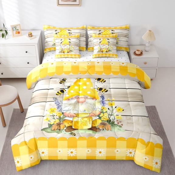 Homewish Kawaii Rustic Gnome Bedding Comforter Set 7 Pieces for Kids, Cartoon Bee Honey Full Bedding Set, Yellow Plaid Buffalo Reversible Fitted Sheet Flat Sheet, Microfiber Bedroom Decor