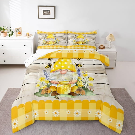Homewish Kawaii Rustic Gnome Bedding Comforter Set for Kids, Cartoon Bee Honey Twin Comforter Sets, Yellow Plaid Buffalo Reversible Bedding Set, Microfiber Bedroom Decor, 2pcs