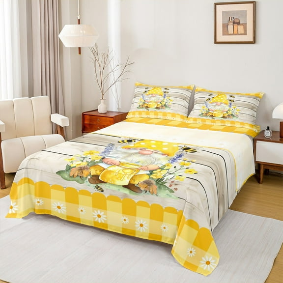 Homewish Kawaii Rustic Gnome Twin Sheet Sets for Kids, Cartoon Bee Honey Twin Fitted Sheet, Yellow Plaid Buffalo Flat Sheet, Microfiber Bedroom Decor, 3pcs
