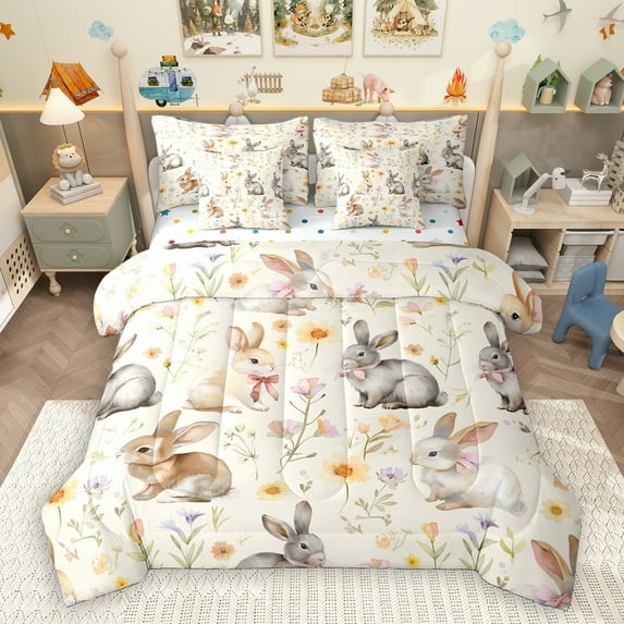 Homewish Kawaii Rustic Rabbit 7 Pieces Bedding Comforter Set,Colorful Country Floral Full Bedding Set,Beige Gray Fitted Sheet Flat Sheet For Girls Teens,Luxury Bedroom Decor Reversible