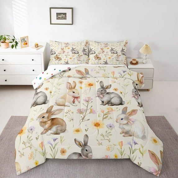 Homewish Kawaii Rustic Rabbit Full Size Comforter Sets,Colorful Country Floral Bedding Comforter Set,Beige Gray Bedding Sets For Girls Teens,Luxury Bedroom Decor Reversible,3pcs