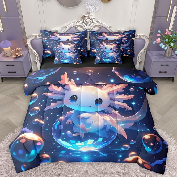 Homewish Kawaii Salamander Axolotl 7-Piece Twin Bedding Sets,Magic Animal Bedding Comforter Set,Pink Blue Sheet Sets For Children,Breathable Home Decor Reversible