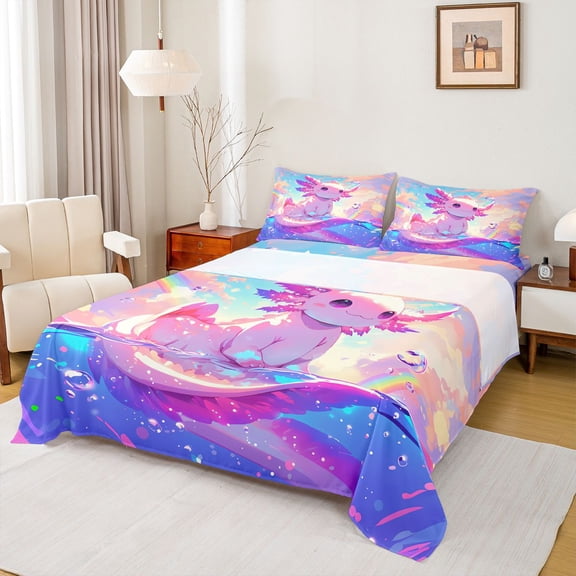 Homewish Kawaii Salamander Axolotl Bed Sheets,Magic Animal King Sheets,Purple Pink Blue Sheet Set For Children,Breathable Home Decor,4 Pieces
