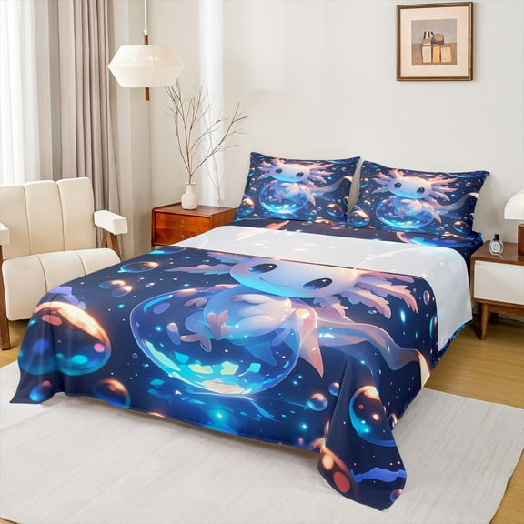 Homewish Kawaii Salamander Axolotl Twin Sheet Sets,Magic Animal Twin Fitted Sheet,Pink Blue Flat Sheet For Children,Breathable Home Decor,3pcs