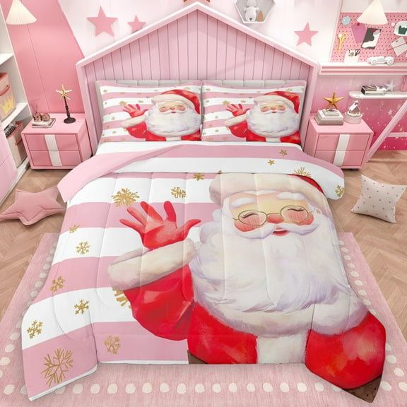 Homewish Kawaii Santa Claus 2pcs Bedding Comforter Set For Children Teens Adults,Happy Christmas Xmas Twin Comforter Sets,Geometric Stripes Breathable Bedding Set,Super Cozy Room Decor,Reversible