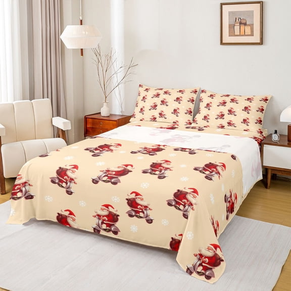 Homewish Kawaii Santa Claus Teen Queen Sheet Set, Christmas Snowflake Bedding, 4pcs
