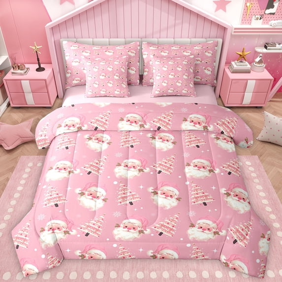 Homewish Kawaii Santa Claus Twin Bedding Sets 7-Piece, Girly Pink Christmas Tree Bedding Comforter Set, Cartoon Snowflake Reversible Sheet Sets, Microfiber Bedroom Decor
