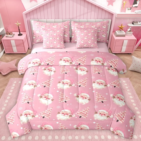 Homewish Kawaii Santa Claus Twin Bedding Sets 7-Piece, Girly Pink Christmas Tree Bedding Comforter Set, Cartoon Snowflake Reversible Sheet Sets, Microfiber Bedroom Decor
