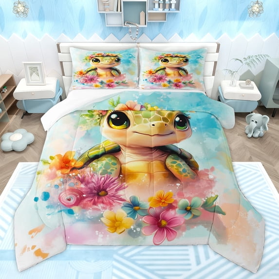 Homewish Kawaii Sea Turtle Queen Comforter Set for Teens, Cartoon Groovy Floral Bedding Sets, Cute Ocean Animal Bedding Comforter Set, Luxury Bedroom Decor, 3pcs