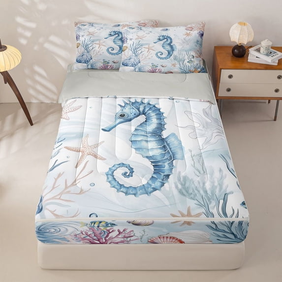 Homewish Kawaii Seahorse Zipper Full Size Comforter Sets with Fitted Sheet and 2 Pillowcases,Ocean Animal Colorful Coral Zipper Bedding Set For Boys Kids,Reversible,4 Pieces