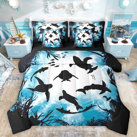 Homewish Kawaii Sealife Child Bedding Comforter Set 7 Pieces, Cartoon Ocean Marine Animal Full Bedding Set, Walrus Shark Lover Reversible Fitted Sheet Flat Sheet, Breathable Home Decor
