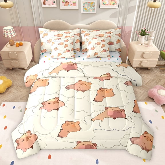 Homewish Kawaii Sleep Capibara Bedding Comforter Set 7pcs, Cartoon Galaxy Cloud King Bedding Sets, Teens Kids Boys Girls Reversible Bed Sheets, Microfiber Bedroom Decor