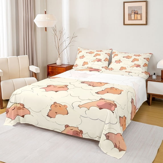 Homewish Kawaii Sleep Capibara Full Size Sheets, Cartoon Galaxy Cloud Bed Sheets, Teens Kids Boys Girls Sheet Sets, Microfiber Bedroom Decor, 4pcs