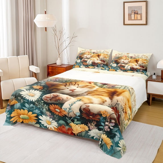 Homewish Kawaii Sleeping Cat Twin Sheet Sets, Vintage Groovy Flower Twin Fitted Sheet, Cute Kitten Animal Flat Sheet, Luxury Bedroom Decor, 3 Pieces