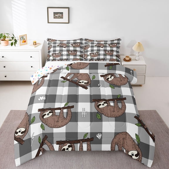 Homewish Kawaii Sloth 3 Pieces Queen Comforter Set for Children Teens,Geometric Plaid Grid Ultra Soft Bedding Sets,Cartoon Animal Bedding Comforter Set,Lightweight Room Decor,Reversible
