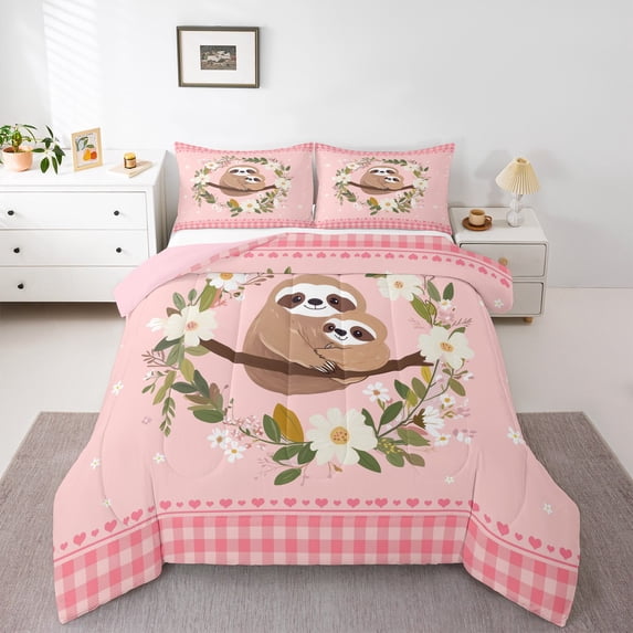 Homewish Kawaii Sloth Animal Full Size Comforter Sets for Teens, Dreamy Flower Floral Bedding Comforter Set, Pink Buffalo Checkered Reversible Bedding Sets, Microfiber Bedroom Decor, 3pcs