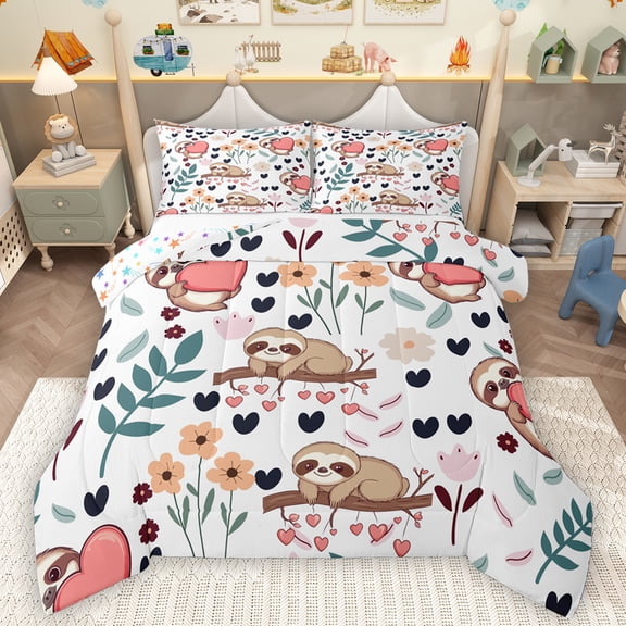 Homewish Kawaii Sloth Bedding Comforter Set,Rustic Flower Twin Comforter Sets,Red Loves Pattern Bedding Set For Girls Boys,Breathable Home Decor Reversible,2 Pieces