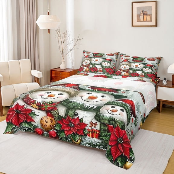 Homewish Kawaii Snowman 3pcs Twin Sheet Sets For Preppy Children Kids,Merry Christmas Twin Fitted Sheet,Happy Winter Xmas Breathable Flat Sheet,Festival Bedroom Decor