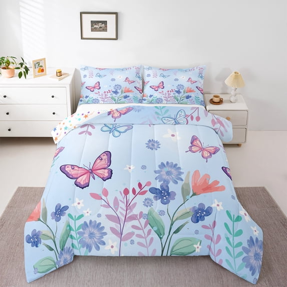 Homewish Kawaii Spring Animal Queen Comforter Set for Teen, Cute Garden Butterfly Bedding Sets, Blue Cartoon Theme Reversible Bedding Comforter Set, Luxury Bedroom Decor, 3 Pieces