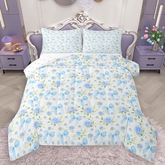 Homewish Kawaii Spring Flower Queen Comforter Set, Dreamy Blue Bow-tie Bedding Sets, Modern French Style Reversible Bedding Comforter Set, Lightweight Room Decor, 3 Pieces