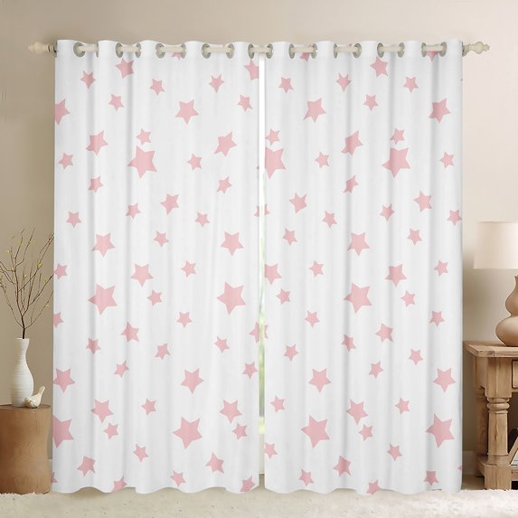 Homewish Kawaii Stars Print Blackout Curtains Set of 2 (52x84 Each), White Pink Cartoon Style Window Curtains, Teens Kids Boys Girls Curtains and Drapes, Black Out Curtains Decor
