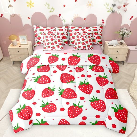 Homewish Kawaii Strawberry 7-Piece Bedding Comforter Set,Geometric Circle King Bedding Sets,White Red Bed Sheets For Girls Kids,Breathable Home Decor Reversible