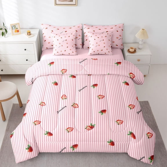 Homewish Kawaii Strawberry 7-Piece Bedding Comforter Set For Preppy Children Kids,Geometric Stripes King Bedding Sets,Dreamy Princess Ultra Soft Bed Sheets,Lightweight Room Decor,Reversible
