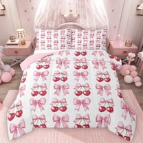 Homewish Kawaii Sweet Cherries Bedding Comforter Set,Girl Bowknot Ribbon Twin Comforter Sets,Pink White Red Bedding Set For Girl Teens,Super Cozy Room Decor Reversible,2 Pieces